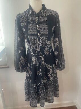 Porter Black & White Floral Long-Sleeve Tie-Waist Shirt Dress